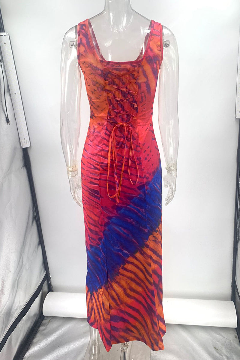 Aria | Boho Chic Tie-Dye Vacation Dress with Strappy Design and Round Neckline