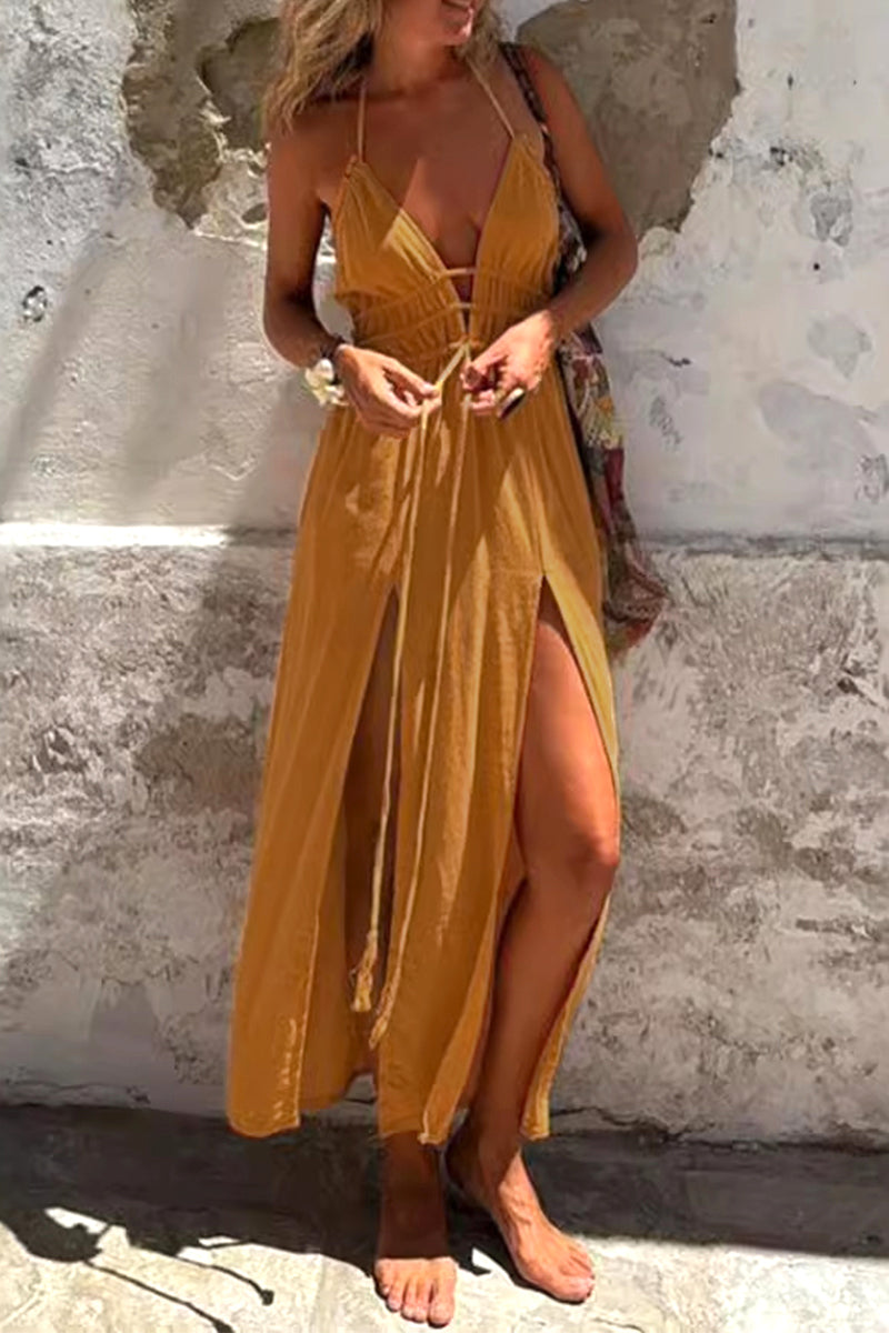 Jasmine | Sultry Solid Color Strap Dress with Slit Detail and Asymmetrical Hem