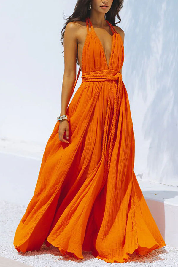 Briony | Flowing Linen Maxi Dress with Dramatic V-Neck and Backless Design