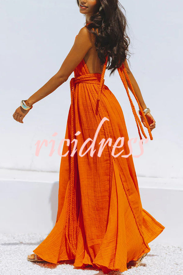 Briony | Flowing Linen Maxi Dress with Dramatic V-Neck and Backless Design