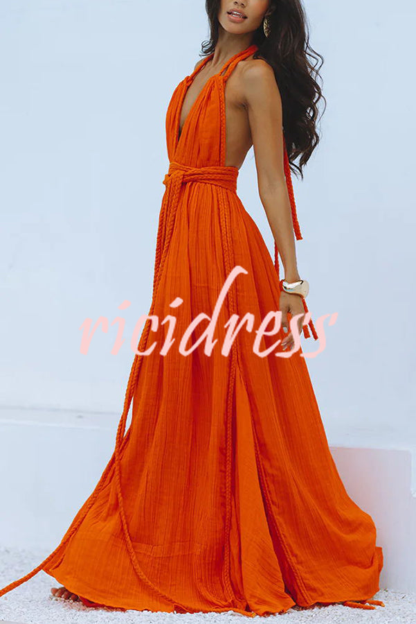 Briony | Flowing Linen Maxi Dress with Dramatic V-Neck and Backless Design