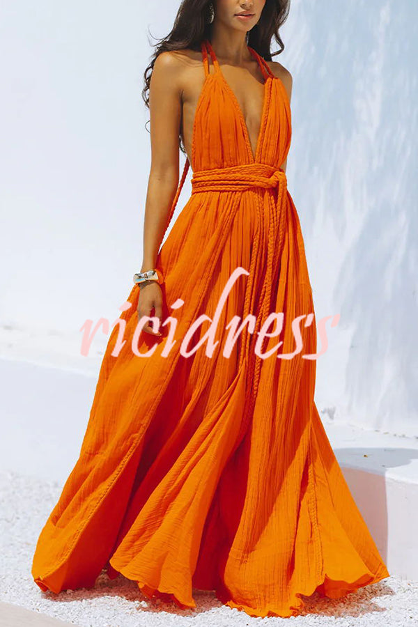 Briony | Flowing Linen Maxi Dress with Dramatic V-Neck and Backless Design