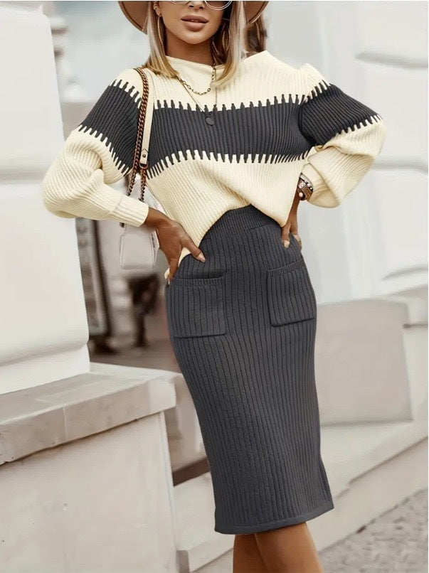 Seraphina | Cozy Knits Set - Long-Sleeved Jumper & Sleek Midi Skirt
