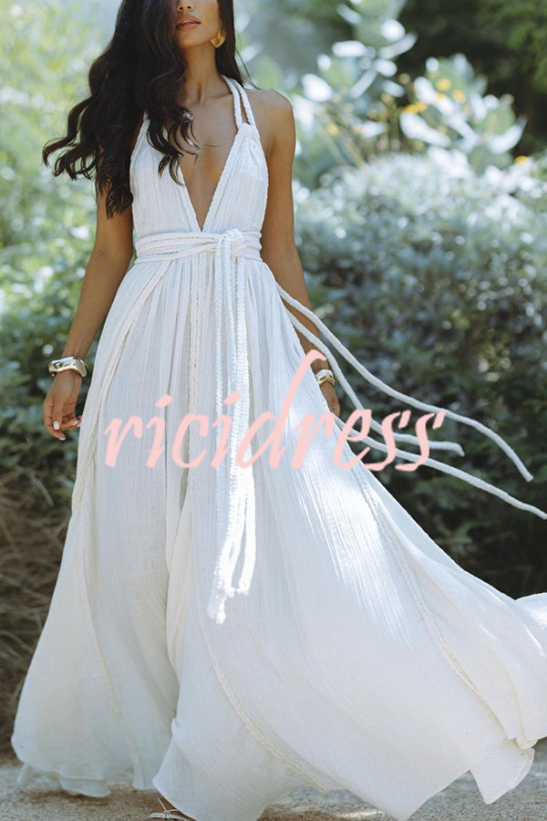 Briony | Flowing Linen Maxi Dress with Dramatic V-Neck and Backless Design