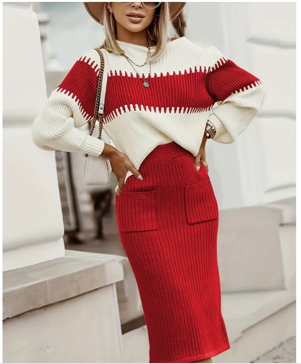 Seraphina | Cozy Knits Set - Long-Sleeved Jumper & Sleek Midi Skirt