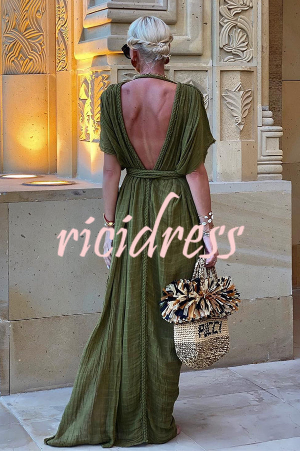 Talia | Elegant Greek-Inspired Linen Blend Kimono Maxi Dress with Braids and Slit