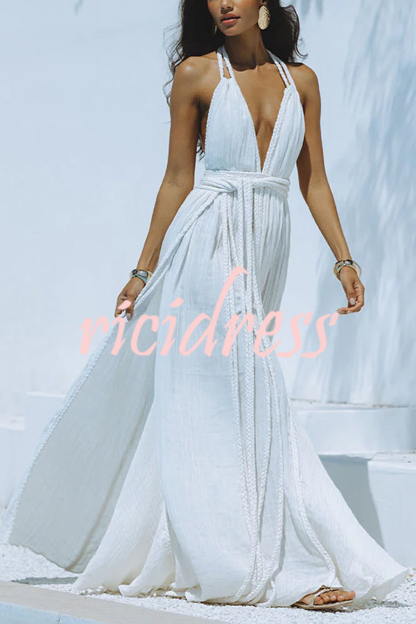 Briony | Flowing Linen Maxi Dress with Dramatic V-Neck and Backless Design