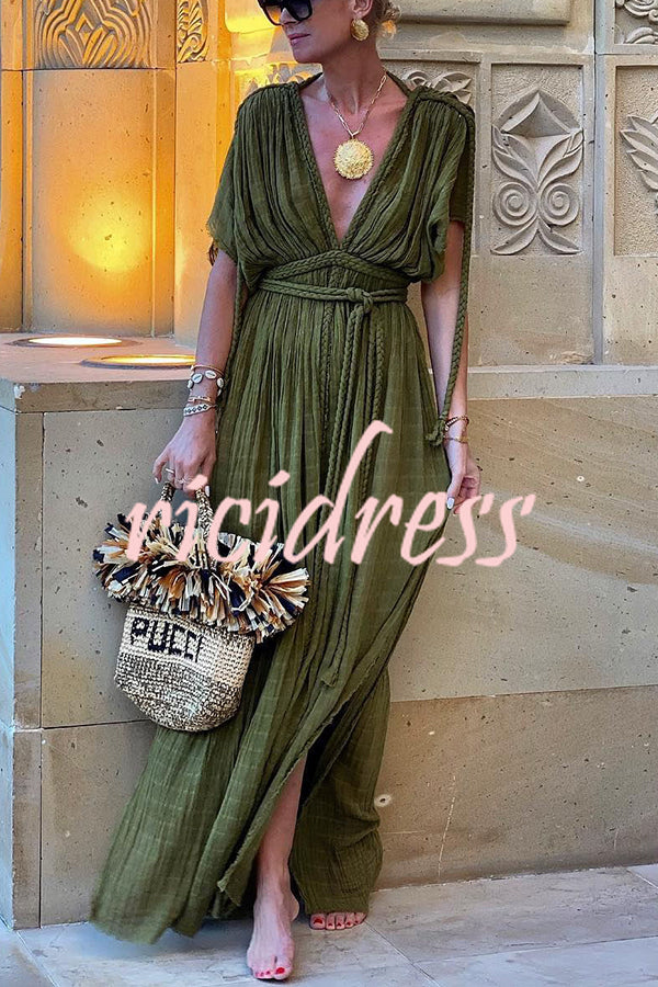 Talia | Elegant Greek-Inspired Linen Blend Kimono Maxi Dress with Braids and Slit