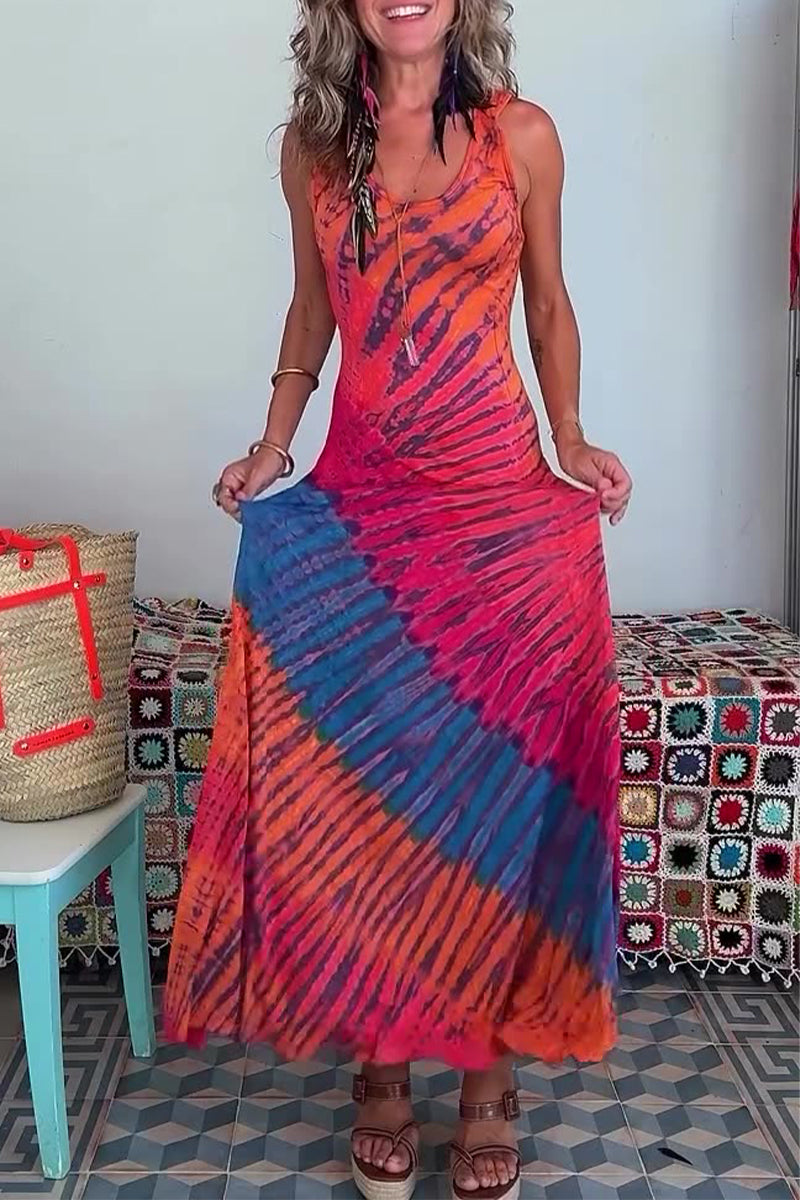 Aria | Boho Chic Tie-Dye Vacation Dress with Strappy Design and Round Neckline