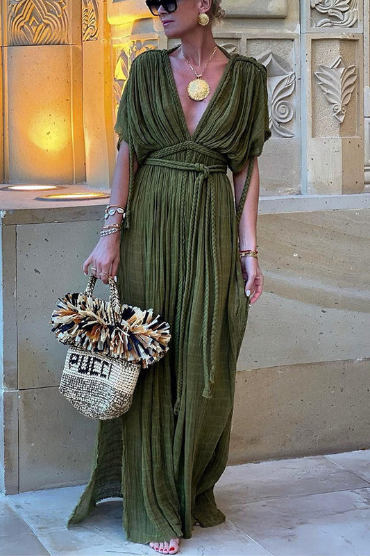 Talia | Elegant Greek-Inspired Linen Blend Kimono Maxi Dress with Braids and Slit