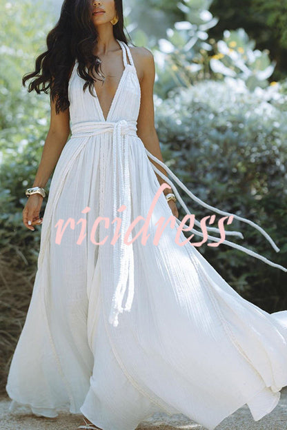 Briony | Flowing Linen Maxi Dress with Dramatic V-Neck and Backless Design