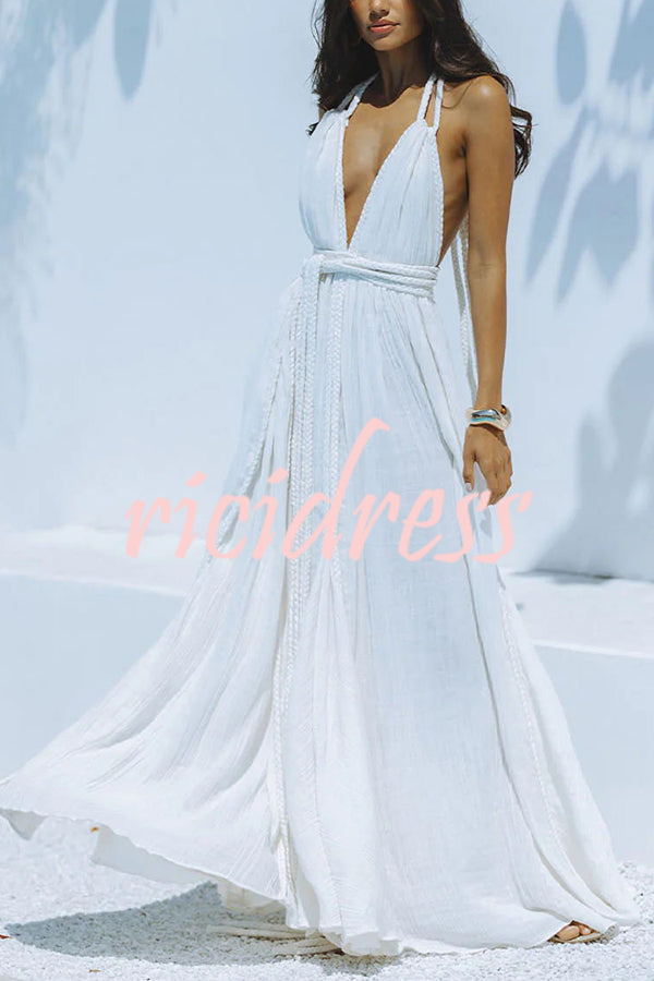Briony | Flowing Linen Maxi Dress with Dramatic V-Neck and Backless Design