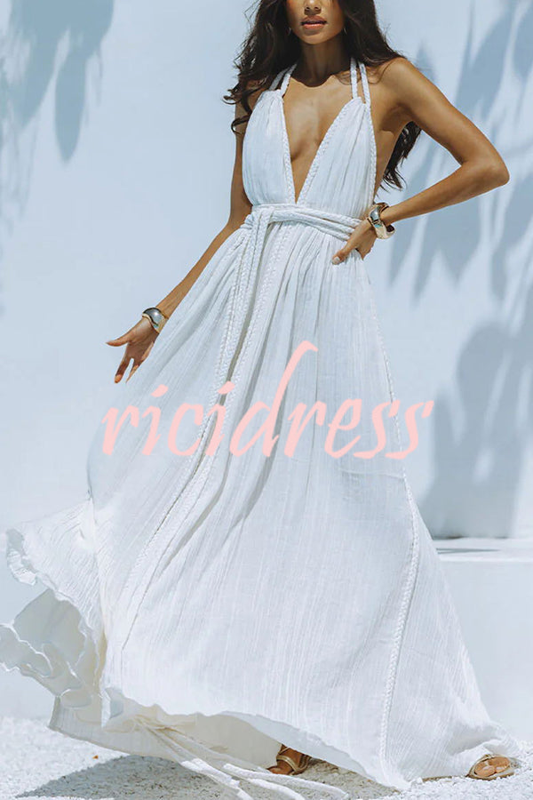Briony | Flowing Linen Maxi Dress with Dramatic V-Neck and Backless Design