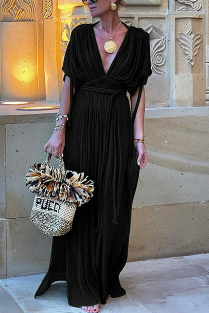 Talia | Elegant Greek-Inspired Linen Blend Kimono Maxi Dress with Braids and Slit