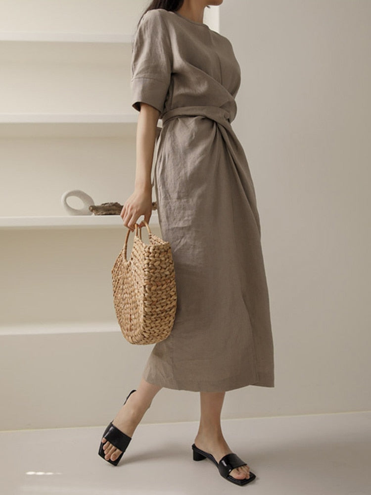 Sienna | Asymmetrical Khaki Linen Dress
