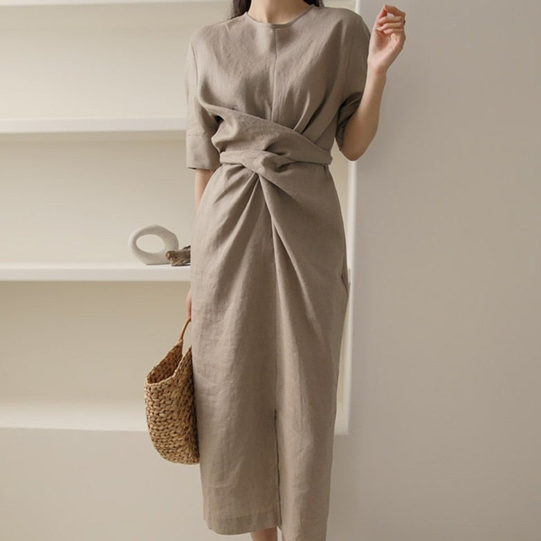 Sienna | Asymmetrical Khaki Linen Dress