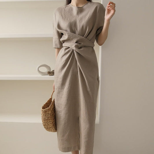 Sienna | Asymmetrical Khaki Linen Dress