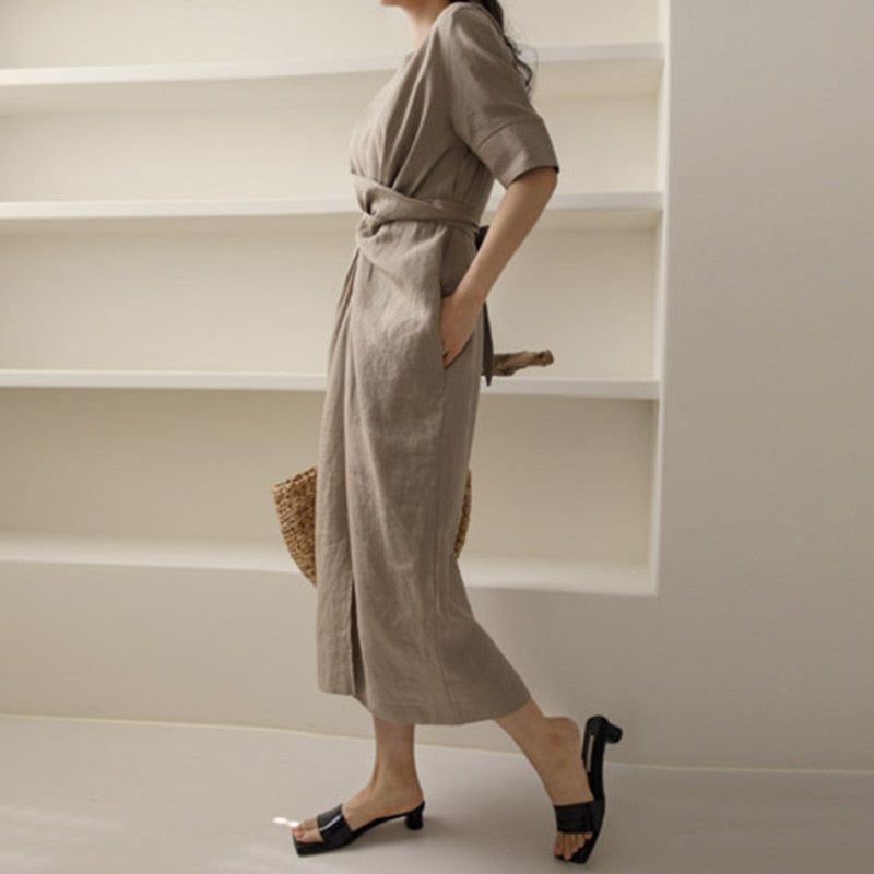 Sienna | Asymmetrical Khaki Linen Dress