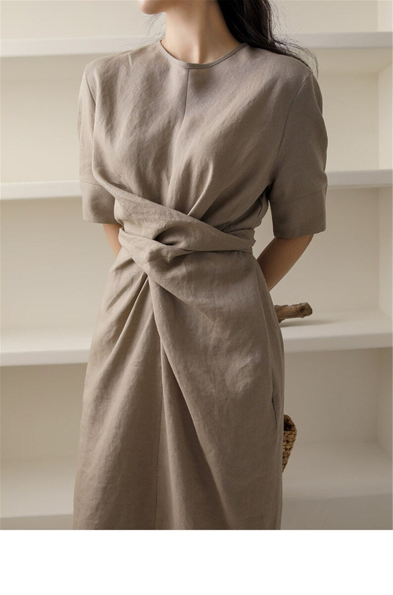 Sienna | Asymmetrical Khaki Linen Dress