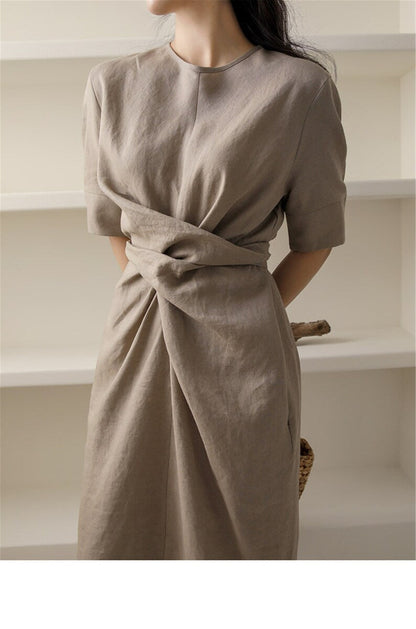 Sienna | Asymmetrical Khaki Linen Dress