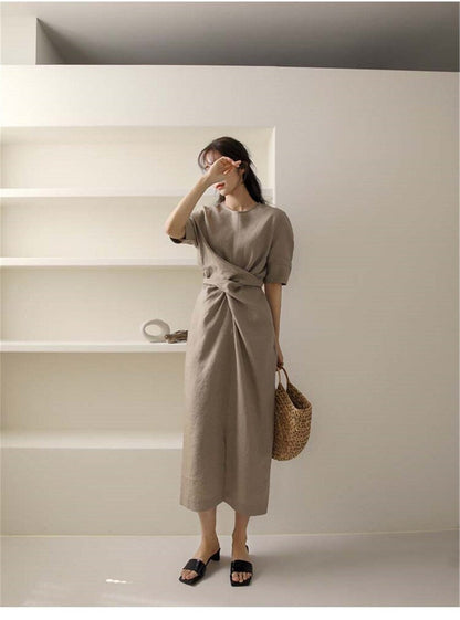 Sienna | Asymmetrical Khaki Linen Dress