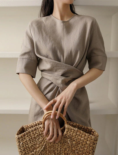 Sienna | Asymmetrical Khaki Linen Dress