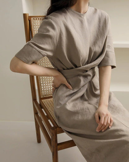 Sienna | Asymmetrical Khaki Linen Dress